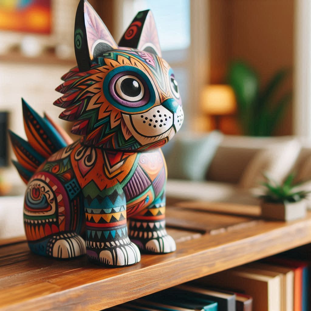 Figura decorativa, alebrije de gato con brillantes colores que realzan los finos acabados y texturas.